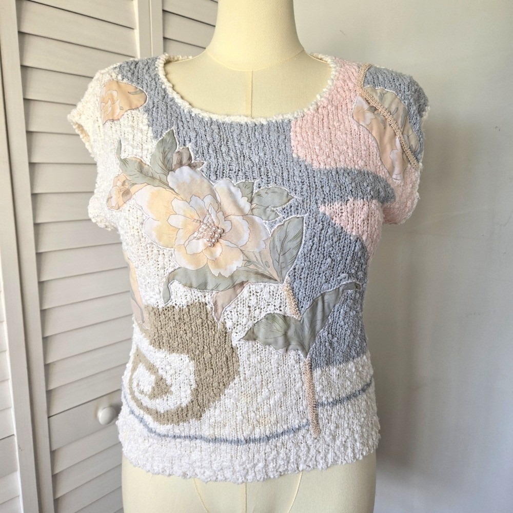 Vtg 90s Margules Floral Chenille Sweater Top Size M Cottage Pastel Grandmacore - Picture 2 of 10